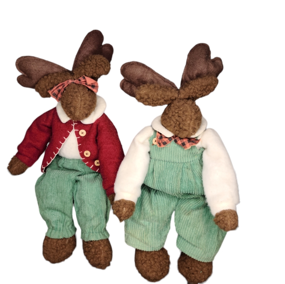 Set of 2 Terry's Village Stuffed Plush Moose Dressed In Corduroy Outfit Cabin